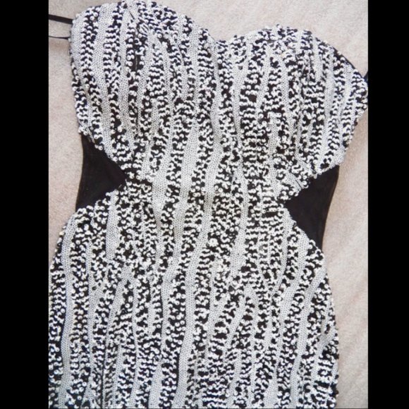 bebe Dress White Black Sequin contrast Mesh Cutouts Strapless Bustier Mini - Picture 2 of 5